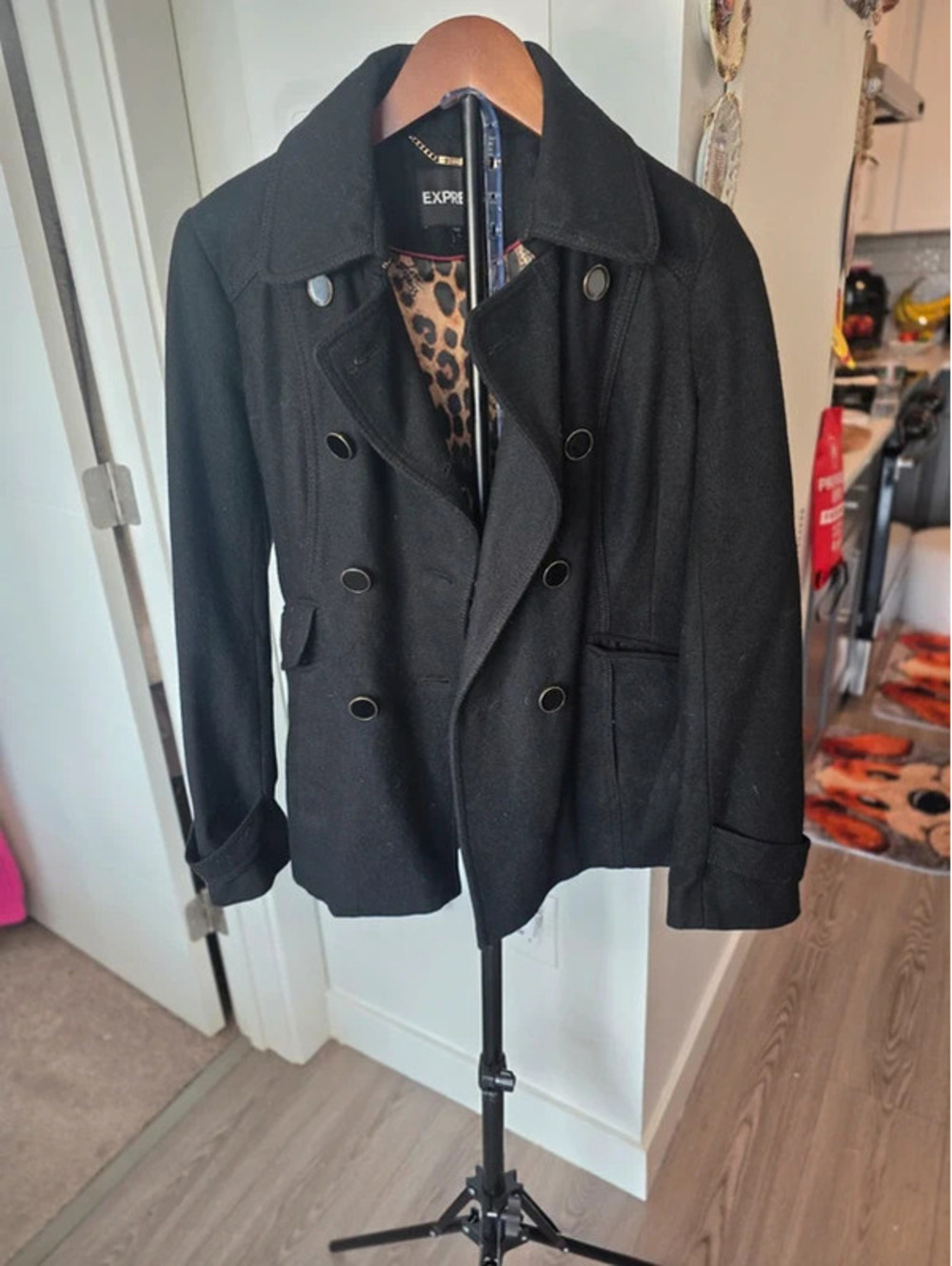 Wool blend peacoat, double-breasted military style with leopard print lining